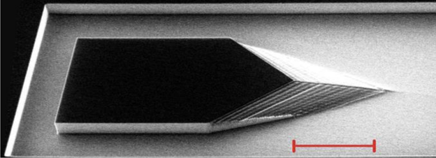 SEM image of a prototype for a neural implant shuttle etched into a non-SOI wafer. The 7:1 (Si:Photoresist) etch selectivity used here allowed for a maximum structure height of 32 μm, with up to 75 steps of 0.4 μm height each. Scale bar 100 μm.