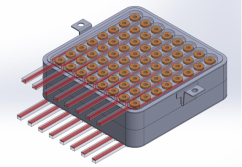 Schematic of high density detachable electrical interfaces with two planar vertical arranged layers of interconnects