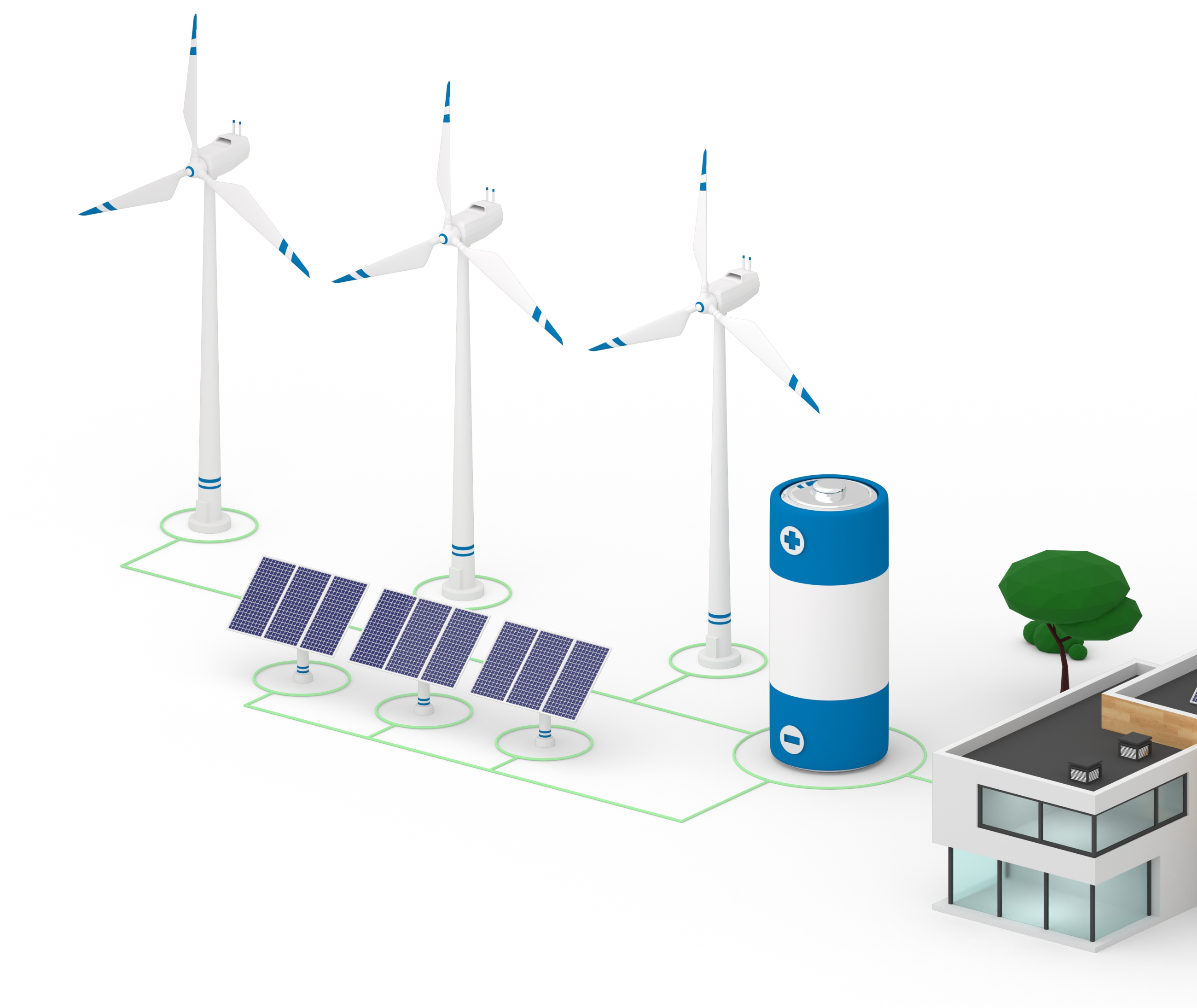 Stock image of 3d render of network made of wind turbines, solar panels, battery and house