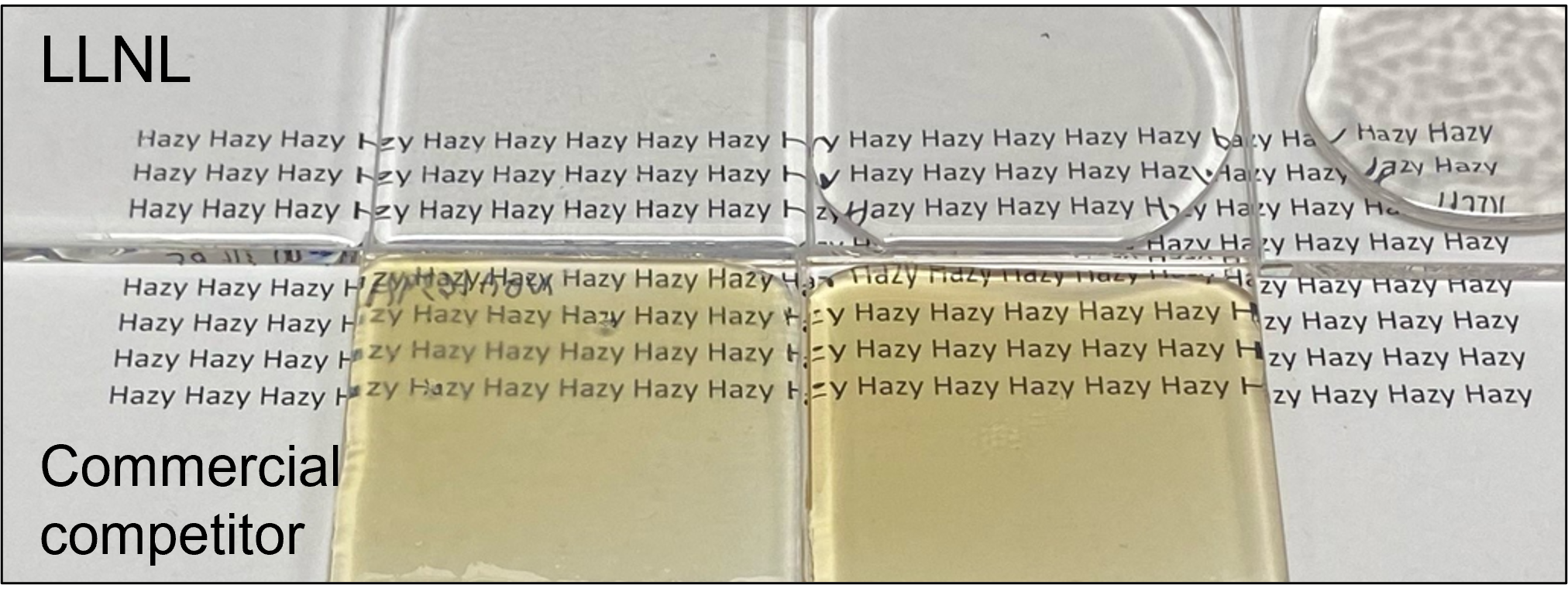 Comparative photos of LLNL metal oxide nanoparticle (MONPs) loaded optical adhesive formulations vs commercial offerings using the same MONPs (~1 mm thick films).