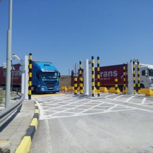 Truck approaching radiation portal monitor