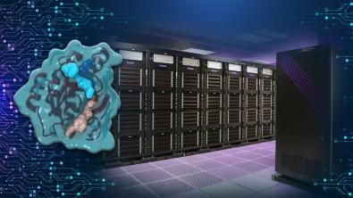 In a milestone for supercomputing-aided drug design, Lawrence Livermore National Laboratory and BridgeBio Oncology Therapeutics today announced clinical trials have begun for a first-in-class medication that targets specific genetic mutations implicated in many types of cancer. The drug discovery work was powered by LLNL supercomputers Ruby (shown), Quartz and Lassen. Graphic by Amanda Levasseur.