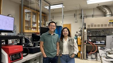 Under one of LLNL’s 2024 DOE Technology Commercialization Fund grants, Simon Pang (left) and Wenquin Li (right) will lead a team of researchers to collaborate in an effort to optimize site locations of carbon dioxide removal facilities. (Photo: Alvina Aui/LLNL)