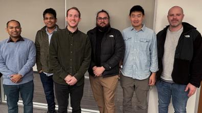 LLNL Energy I-Corps Cohort 20 principal investigators (PIs) and entrepreneurial leads gather for an onsite meet-and-greet with the Innovation and Partnerships Office (IPO) on Feb 4, 2025. Pictured from left: Pratanu Roy, Indrasis Chakraborty, Nathan Ellebracht, Diego Ignacio Oyarzun Dinamarca, Xiaoxing Xia and Eric Duoss. Not pictured: LLNL PI Erika Paola Ramos Guzman and EL Raspberry Simpson. (Photo: Melissa Lewelling/LLNL)