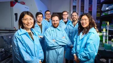 LLNL’s rare-earth element biomining research team in their lab, left to right: Yongqin Jiao, Patrick Diep, Ziye Dong, Jeremy Seidel, Gauthier Deblonde, Dan Park and Christina Kang-Yun.
