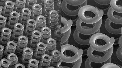 Scanning electron microscope image of 3D-printed helical arrays made by researchers at LLNL. (Photo: Courtesy of Songyun Gu)