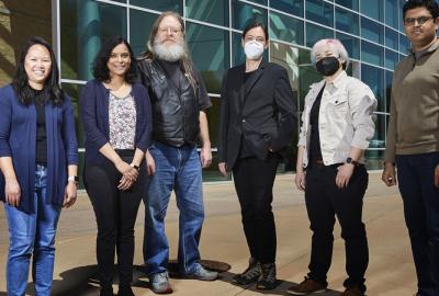 A team of LLNL computer scientists have developed software that helps better understand the power, energy and performance of supercomputers. Team members include (left to right): Stephanie Brink, Tapasya Patki, Barry Rountree, Eric Green, Kathleen Shoga and Aniruddha Marathe.