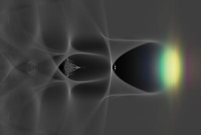 A key step in the production of muons: an ultra-intense short laser pulse accelerates electrons in the wake it leaves behind while propagating through a plasma. 