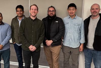 LLNL Energy I-Corps Cohort 20 principal investigators (PIs) and entrepreneurial leads gather for an onsite meet-and-greet with the Innovation and Partnerships Office (IPO) on Feb 4, 2025. Pictured from left: Pratanu Roy, Indrasis Chakraborty, Nathan Ellebracht, Diego Ignacio Oyarzun Dinamarca, Xiaoxing Xia and Eric Duoss. Not pictured: LLNL PI Erika Paola Ramos Guzman and EL Raspberry Simpson. (Photo: Melissa Lewelling/LLNL)