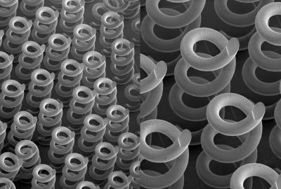 Scanning electron microscope image of 3D-printed helical arrays made by researchers at LLNL. (Photo: Courtesy of Songyun Gu)