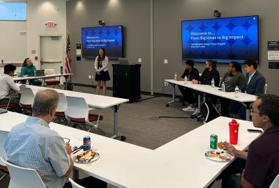 Candice Bila, LLNL's Innovation and Partnerships Office (IPO) entrepreneurship business development executive, opens the Energy I-Corps (EIC) 10 year anniversary celebration event on September 2, 2025, featuring EIC Cohort 20 alumni (pictured from left) Indra Chakraborty, Diego I. Oyarzun, Raspberry Simpson, Xiaoxing Xia. (Photo: Julia Kerr/LLNL)
