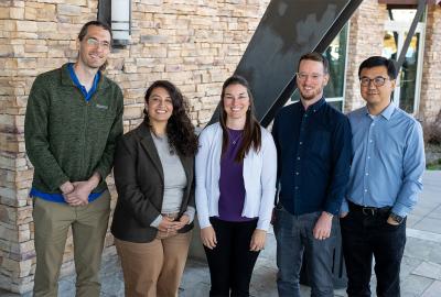 LLNL teams attended the Energy I-Corps Cohort 22 kick-off in Colorado March 16-20, 2026. Pictured from left to right: Ryan Muir, Leily Kiani, Candice Bila, Clint Frye and Qinghui Shao.(Image: Kira Voss)