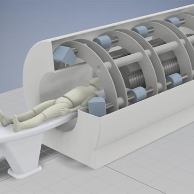 An artist’s concept rendering of a 3.5-meter linear induction accelerator (LIA) with four lines-of-sight toward a patient. The blue elements magnetically focus and direct the LIA’s electron beams.