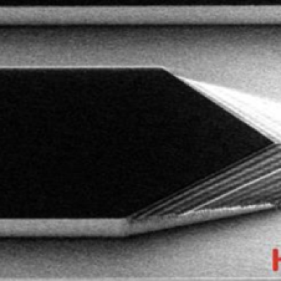 SEM image of a prototype for a neural implant shuttle etched into a non-SOI wafer. The 7:1 (Si:Photoresist) etch selectivity used here allowed for a maximum structure height of 32 μm, with up to 75 steps of 0.4 μm height each. Scale bar 100 μm.