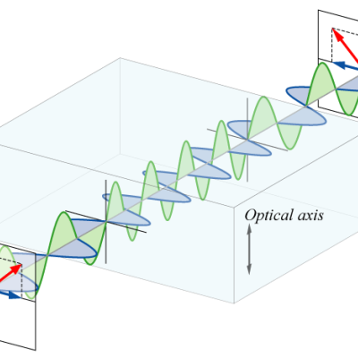 Linearly polarized light entering a half-wave plate can be resolved into two waves, parallel and perpendicular to the optic axis of the waveplate ("Waveplate" by Bob Mellish is licensed under CC BY-SA 3.0).