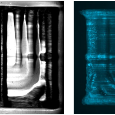 Shadowgraph Image from VAM (left).  Fluorescence Image from VAM (right).  