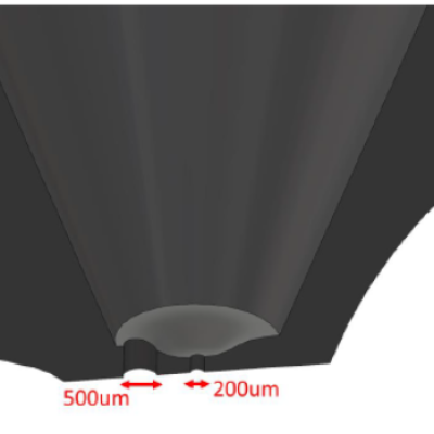 Cutaway view of a nozzle with 500µm and 200µm diameter orifices next to each other