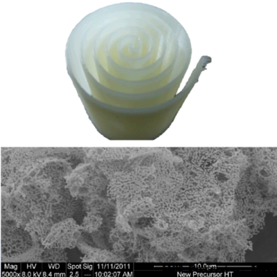 Top: rolled hollow cylinder fiber. Bottom: SEM image of porous ceramic material.