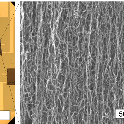 Picture of as deposited arrays of CNT devices made from dense, aligned CNT layers.