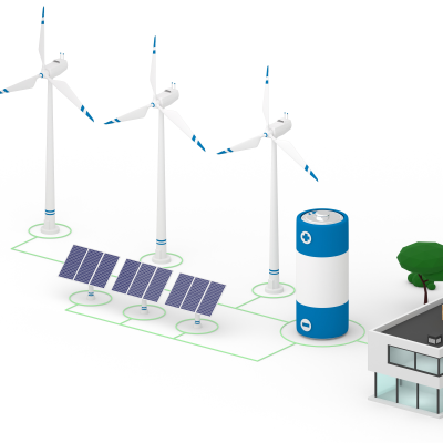 Stock image of 3d render of network made of wind turbines, solar panels, battery and house