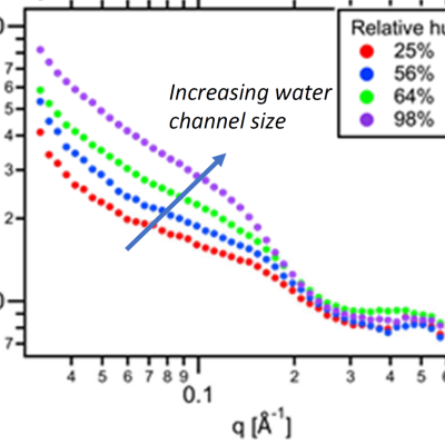 Small-angle X-ray scattering (SAXS) data of crosslinked polyelectrolyte membrane films formed under different equilibrium humidity conditions