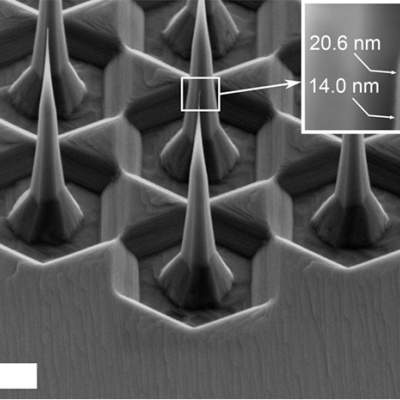 4H-SiC tips fabricated by etching 2 μm wide pillars at 1550 °C for 1 h. The inset shows that the tips are as narrow as 15 nm in diameter